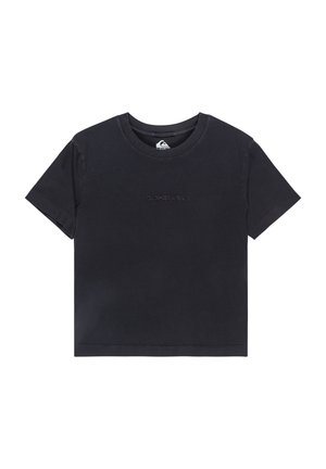 Sort bomulds T-shirt med korte ærmer, rund hals og subtilt broderet logo på forsiden. Glat tekstur, afslappet pasform.