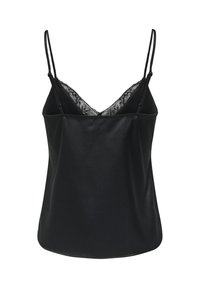 Camisole en satin noir avec fines bretelles spaghetti réglables et bordure en dentelle le long du décolleté en V.
