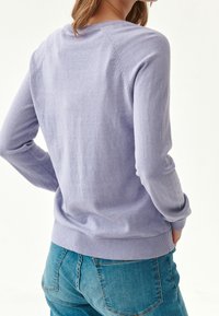 Jasnoniebieski sweter z miękkiego dzianiny, z okrągłym dekoltem i ściągaczami, w połączeniu z niebieskimi dżinsami.