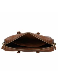 Borsa a tracolla in pelle marrone con chiusura a zip dorata, dotata di due scomparti principali e una superficie texturizzata. Manici attaccati ai lati.