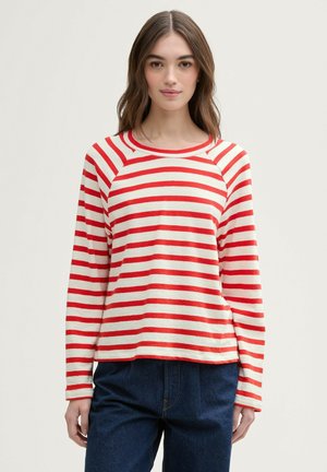 Red and white striped long-sleeve shirt with a round neckline and raglan sleeves, made of soft fabric, paired with dark blue jeans.