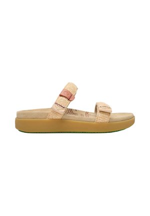 Beige open-toe sandal with two adjustable textured fabric straps and a thick cushioned tan sole.