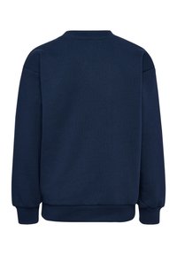 Marinblå sweatshirt i mjukt tyg, med rund halsringning, långa ärmare och ribbade muddar och fåll. Bakvy utan logotyper.