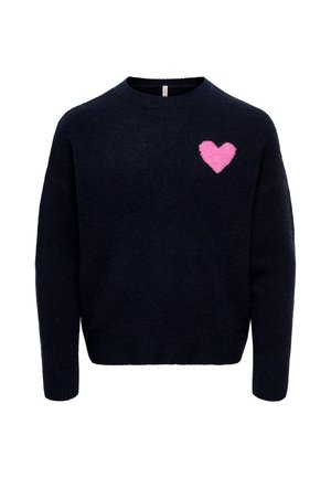 Black long-sleeve sweater with crew neck featuring a small pink heart design on the left chest.
