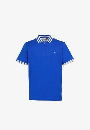 Blaues Poloshirt aus Baumwolle mit Reißverschluss, weiß-blau gestreiftem Kragen und weißen Akzenten an den Ärmeln.