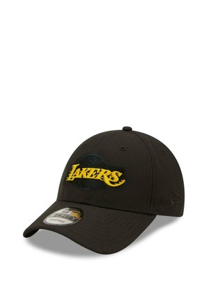 Black cap with a structured design. Features an embroidered yellow "Lakers" logo on the front. Curved visor and adjustable closure.