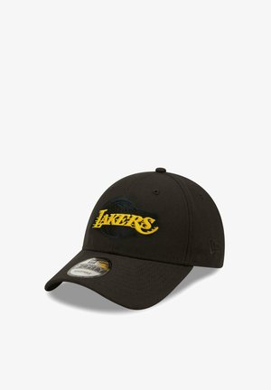 Black cap with a structured design. Features an embroidered yellow "Lakers" logo on the front. Curved visor and adjustable closure.