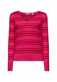 V-Ausschnitt, langärmeliger Pullover in leuchtendem Pink mit dunkleren pinken Streifen. Weiches Material, normale Passform, gerippter Saum und Ärmelbündchen, keine sichtbaren Verschlüsse.
