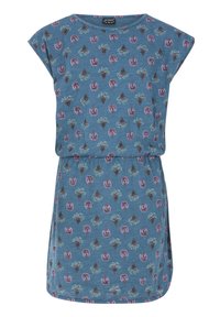 Kurzarmkleid aus blauer Stoff mit floralem Muster in Lila und Grün. Elastischer Bund, knielange Länge und runder Ausschnitt.