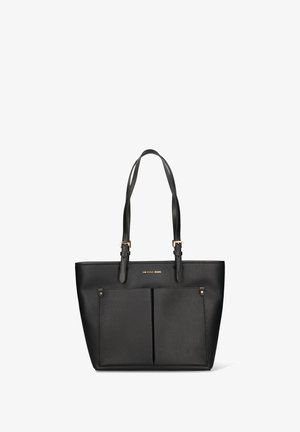 Zwarte leren totebag met twee voorvakken, goudkleurige hardware en dubbele schouderriemen. Gestructureerde afwerking met een stevige vorm.