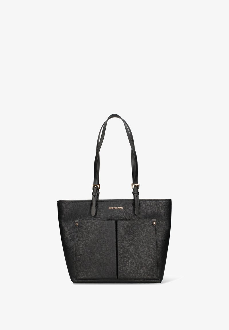 Zwarte leren totebag met twee voorvakken, goudkleurige hardware en dubbele schouderriemen. Gestructureerde afwerking met een stevige vorm.