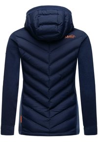 Navy blue insulated jacket with a chevron quilted design, a fleece-lined hood, and subtle branding on the shoulder and hem.
