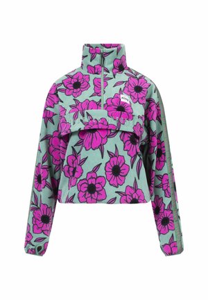 Fleece pullover in turquoise met een roze bloemenpatroon, hoge kraag, halve ritssluiting en een voorvak met contrasterende tekstdetails.