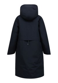 Lange marineblauwe parka, met capuchon en een trekkoord, heeft een rechte snit en lange mouwen. Getextureerde stof met een gladde afwerking.