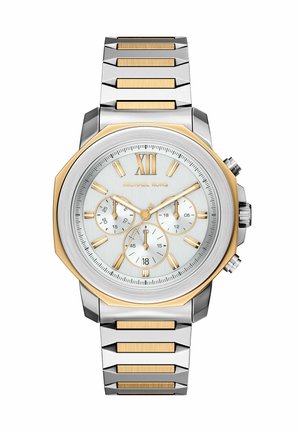 Reloj de pulsera Michael Kors bicolor en plata y oro con esfera redonda, número romano XII, tres subesferas, ventana de fecha y correa de metal enlazada.
