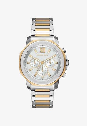 Two-tone silver and gold Michael Kors wristwatch with round dial, Roman numeral XII, three subdials, date window, and linked metal strap.