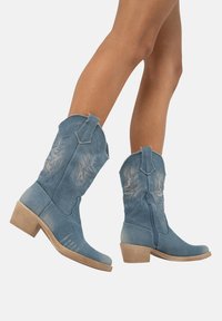 Botas de vaquero de denim azul claro con patrones florales bordados, cremallera en el costado y un tacón de madera apilada. Textura suave y punta redonda.
