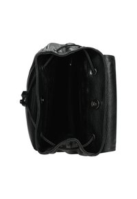 Zwarte leren handtas met een gladde textuur, trekkoordsluiting en een ritsvak. Het interieur heeft twee compartimenten en een zak.