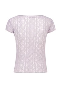 Lilac lace short-sleeve top with intricate floral patterns, semi-transparent fabric, and a round neckline.