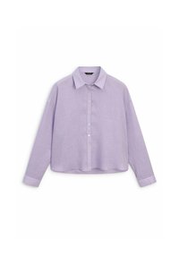 Lavender, cropped button-up shirt with a classic collar, long sleeves, and smooth texture. Features white buttons and a relaxed fit design.