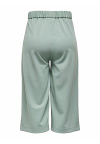 Jasnozielone, krótkie spodnie z elastycznym paskiem w talii. Miękka tkanina, gładka struktura, luźny krój, kończące się poniżej kolana. Brak widocznych kieszeni.