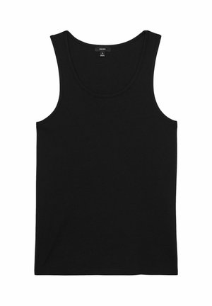 Schwarzes Tanktop mit rundem Ausschnitt und breiten Trägern, gefertigt aus einem weichen Baumwollgemisch, das ein einfaches, elegantes Design aufweist.