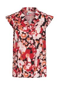 Blouse florale avec un décolleté en V, manches courtes en forme de cap, présentant un fond noir et des motifs de fleurs rouges, roses et oranges. Tissu léger.