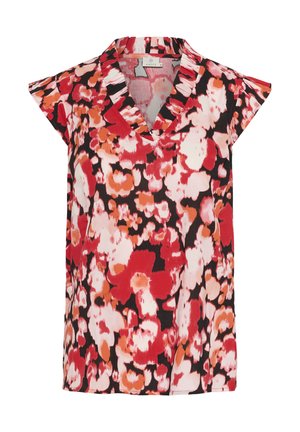 Virágmintás blúz V-kivágással, rövid kupakujjakkal, fekete háttérrel és piros, rózsaszín és narancssárga virágmintákkal. Könnyű anyag.