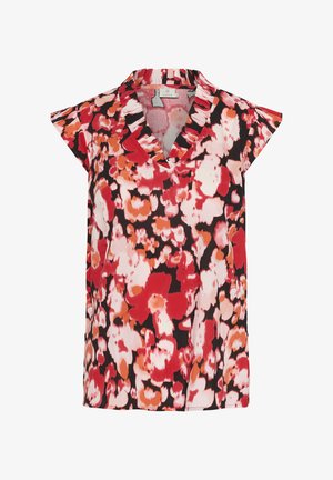 Lillelilledeblus, millel on V-kaelus, lühikesed õlavarrevarrukad, must taust ning punased, roosa ja oranžid lillemustrid. Kerge kangas.