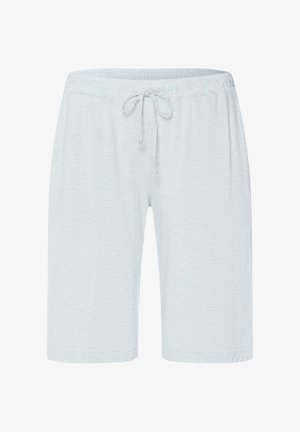 Světle modré šortky po kolena s elastickým pasem a předním šňůrkováním, vyrobené z měkké, lehké látky.