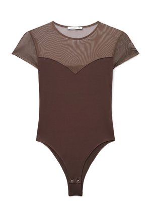 Body marrone con parte superiore in mesh semi-trasparente e maniche corte. Caratterizzato da scollatura a V e chiusura a clip sul fondo.