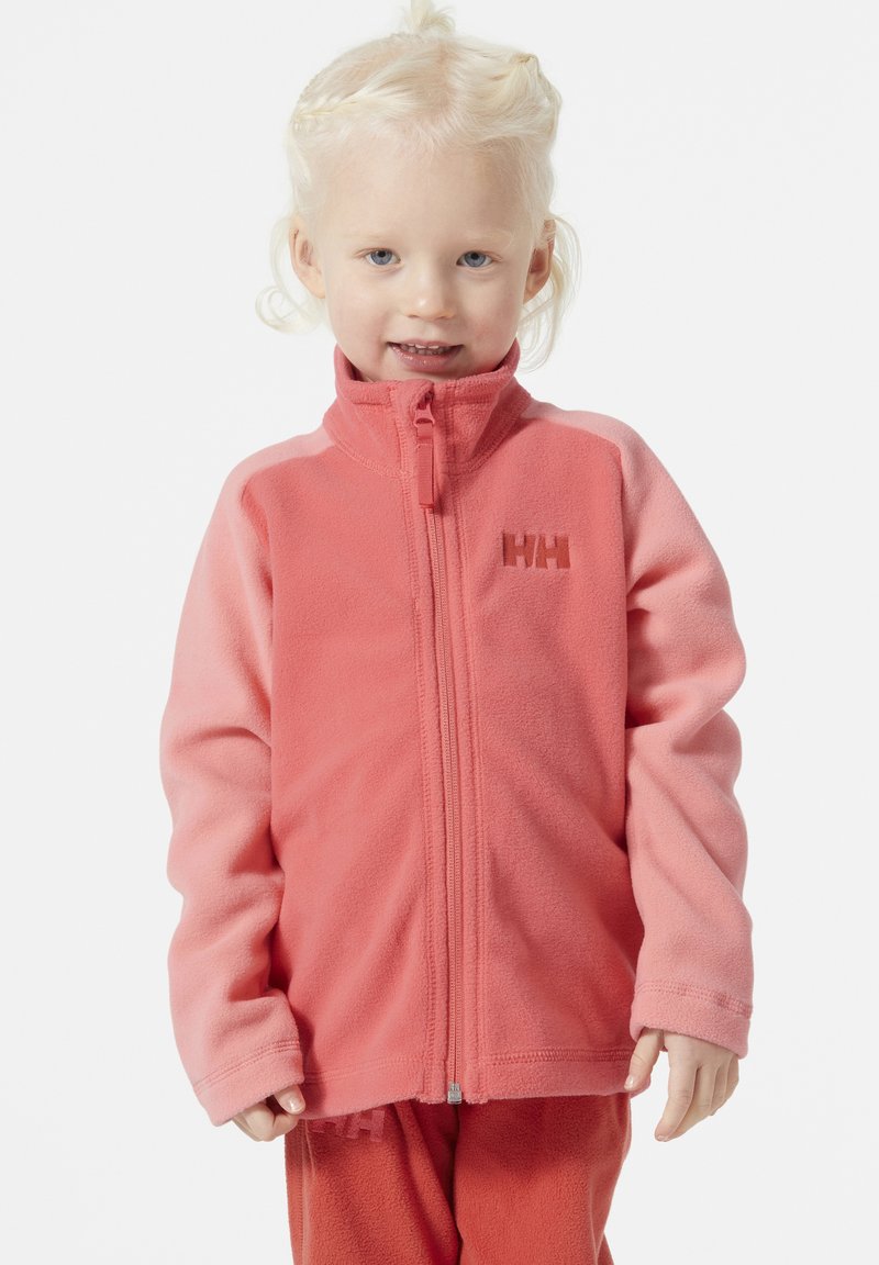 Fleece jack in twee tinten roze met een hoge kraag, rits aan de voorkant en logo op de borst; zachte textuur, ontworpen voor comfort.