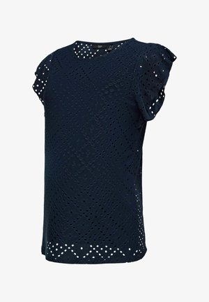 Marineblauwe blouse met korte mouwen, voorzien van een applicatie van opengewerkte kant en een ronde halslijn, met een geschulpte zoom en licht geplooide mouwen.