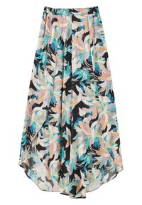 Jupe longue fluide avec un motif de feuilles tropicales pastel en rose, bleu, beige et blanc sur fond noir, avec une taille élastique.