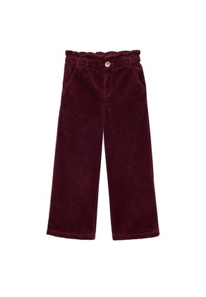 Children's dark red corduroy pants with a button and elastic waistband, and side pockets on a white background.
