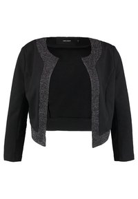 Czarna krótka kurtka z długimi rękawami, z teksturowanym, szarym, błyszczącym obszyciem wzdłuż dekoltu i przednich krawędzi. Miękkie wykończenie tkaniny.