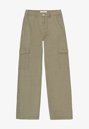 Khaki cargobroek met rechte pijpen, voorzakken, klepzakken aan de zijkanten, riemlussen en knoopsluiting.