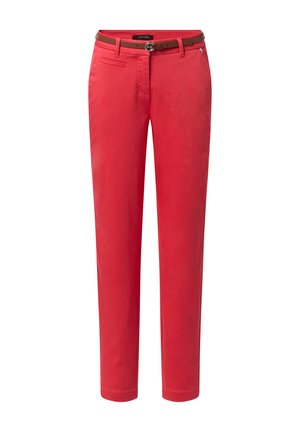 Red cotton trousers with a slim fit, featuring a brown belt, belt loops, and side pockets. Smooth texture and tailored design.