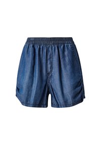 Shorts in denim con vita elastica, colore blu scuro, tasche laterali, dettagli orlo leggermente arricciati e vestibilità rilassata.