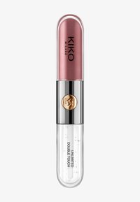 Dubbelzijdig lipproduct met metallic roze crème aan de ene kant en een transparante lipgloss met applicator aan de andere kant, gelabeld KIKO MILANO Unlimited Double Touch.