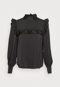 Blouse longue en satin noir à manches longues avec col montant et bordure à volants sur la poitrine et les épaules, avec poignets boutonnés.
