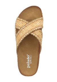 Braided straw slide sandal in light tan with cross straps, cushioned brown insole, and logo detailing on footbed. Textured surface.