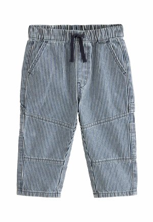 Blue and white vertical striped toddler pants with elastic waist and navy drawstring, front pockets, and reinforced knee panels.