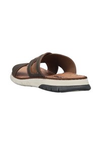 Brown leather slide sandal with two wide straps, cushioned footbed, white midsole, and textured black rubber outsole.