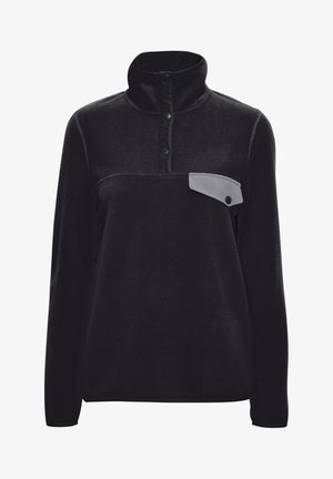 Fekete bolyhos pulóver magas gallérral, három gombbal a nyakán és egy szürke, patentgombos mellzsebbel. Puha tapintású, hosszú ujjú.