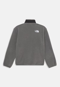 Pullover grigio in pile con colletto alto, caratterizzato da un bordo nero sul collo e un logo bianco sulla parte superiore della schiena. Texture morbida, vestibilità rilassata, maniche lunghe.