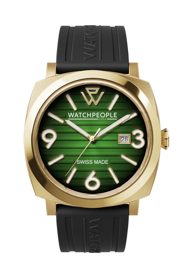 Gold-toned watch with green textured dial, large white numerals, and black rubber strap. Features date window and "SWISS MADE" text.