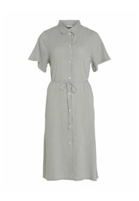 Pruhované šaty v zelené a bílé, design s knoflíky vpředu, krátké volánkové rukávy, pásek v pase, délka do kolen, lehký materiál.