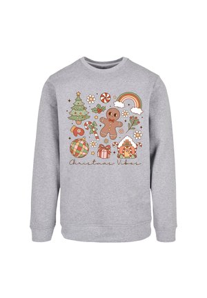 Grauer Sweatshirt mit einem festlichen Druck, der einen Weihnachtsbaum, einen Lebkuchenmann, Zuckerstangen und den Text "Weihnachtsstimmung" zeigt.