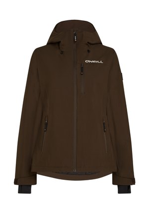 Braune wasserdichte Jacke mit Kapuze, die mehrere Reißverschlusstaschen und ein Logo auf der Brust hat. Glatte Textur und lange Ärmel mit Bündchen.